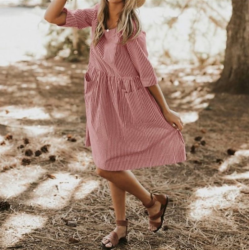 Casual Dresses Summer women's round neck stripe pocket retro half sleeve large street loose casual sun dress women's Robe 230316