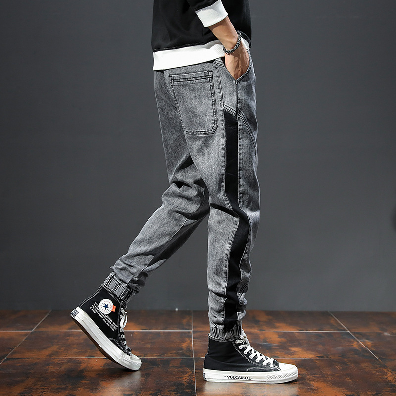 Men's Jeans Mens Jeans Spring Grey Denim Pants Joggers Stretch Baggy Washed Side Patchwork Elastic Wiast Men Jeans Homme 230316