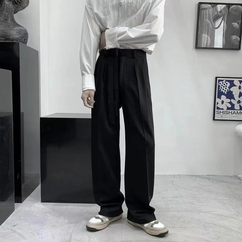 Men's Pants Harajuku Fashion Men's Pants Casual Wide leg Oversize Pants With Belt Korean Style Streetwear Trousers For Men Soild Color White
