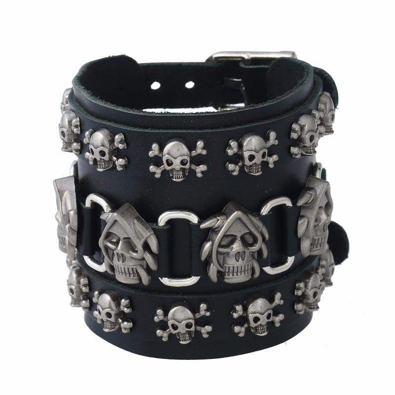 Tennis Bracelets Fancy Craftwork Black Leather Cuff Bacelets Metal Pirate Skulls Charm Genuine Bangles Arm/Wrist Jewelry Accessories