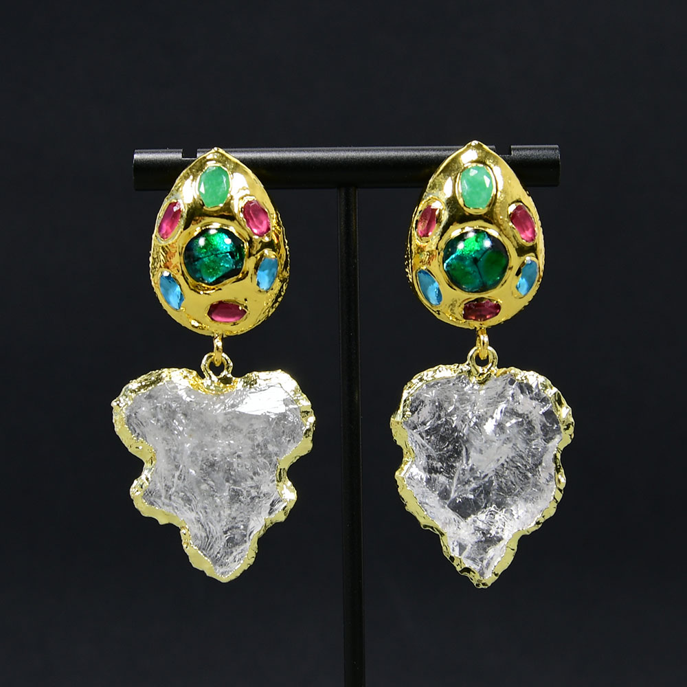 Clear Crystal Quartz Rough Raw Leafage Shape With Gold Trim Murano Glass Jade Earrings Handmade Stud Dangle Earrings 
Clear Crystal Quartz Rough Raw Leafage Shape With Gold Trim Murano Glass Jade Earrings Handmade Stud Dangle Earrings