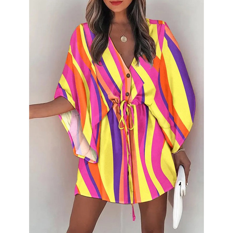 Casual Dresses Casual Boho Dress Women Summer Sexy V Neck Print Batwing Sleeve Lace-up Loose Dresses Female Irregular Mini Dress Vestido 230316