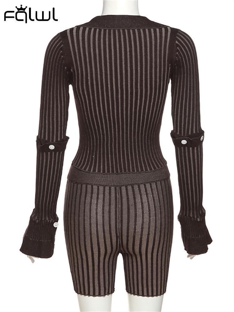 Women's Two Piece Pants FQLWL knit Casual Matching Set Womens Shorts Sets Two 2 Piece Sets Sweatsuits For Womens Long Sleeve Buttons Crop Top Out