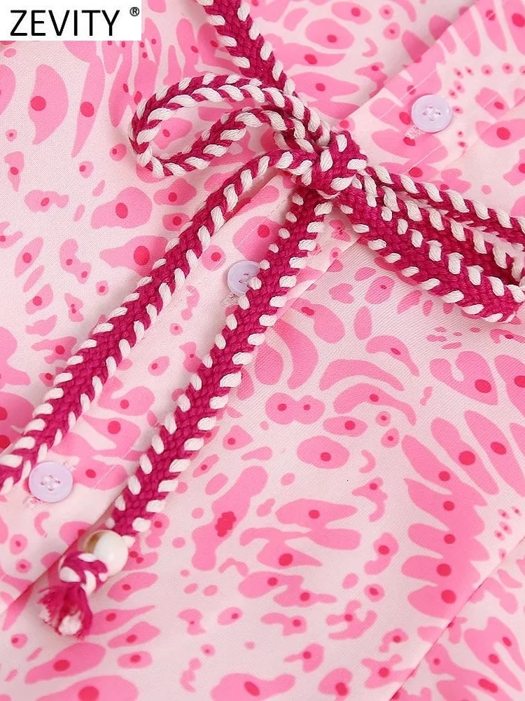 Casual Dresses Zevity Women Sweet Totem Floral Print Big Swing Mini Shirt Dress Female Chic Lantern Sleeve Casual Slim Lace Up Vestidos DS892 230316