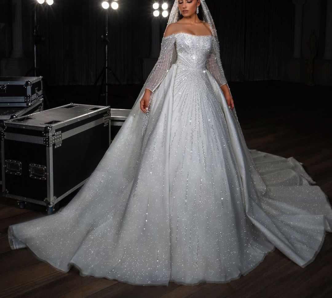 Sparkly Mermaid Wedding Dresses Long Sleeves Bateau Off Shoulder Appliques Sequins Beaded Detachable Train 3D or Length Lace Bridal Gowns Custom Made