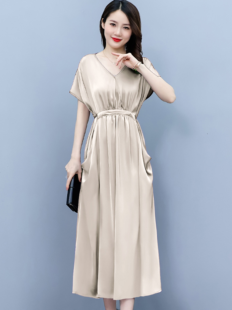 Casual Dresses Summer Casual Satin Bodycon Midi Robe Women Chic Prom Party V-Neck Sexy Night Dress Fashion Elegant Solid Beach Long Dress 230316