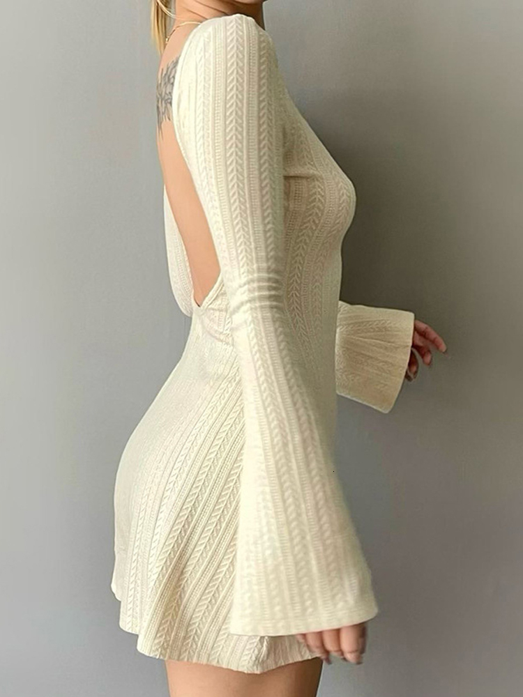 Casual Dresses Solid U Neck Backless Sexy Mini Dress Y2K A-Line Flared Long Sleeves Knitted Dress Women Basic Autumn Winter Streetwear Chic 230316