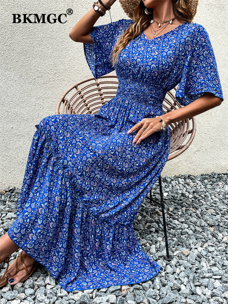 Casual Dresses BKMGC Blue Mint Green Loose Short Sleeve Middle Waist V-neck A-line Flower Print Elegant Women Long Summer Dress 2857 230316