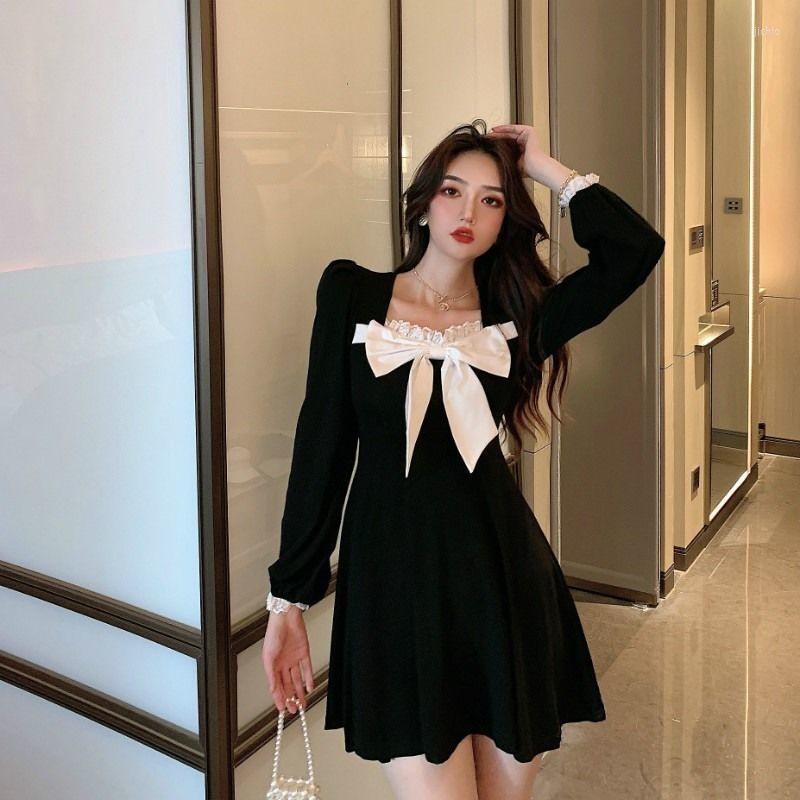 Casual Dresses Women Vintage Long Sleeve Korean Pleated A-line Elegance Sweet Bow Square Collar Lace Patchwork Mini Dress