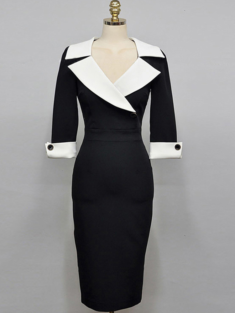Casual Dresses Fashion Elegant Office Lady Women Dress Sexy Retro Casual Turn-Down Collar Black Formal Slim Midi Party Pencil Femme Vestido 230316