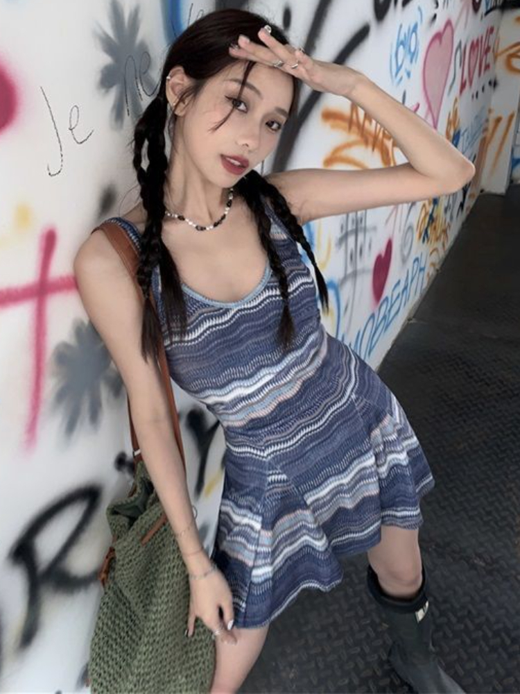 Casual Dresses Vintage Striped Dresses Women Summer Y2k Chic Mini Casual sweet Girls Punk Kpop Streetwear Spaghetti Strap Vestido Sexy Mujer 230316