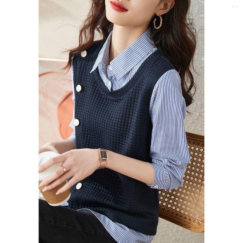 Women' Blouses Fashion Button Spliced Fake Two Pieces Striped Blouse Women' Clothing 2023 Autumn Loose Casual Pullovers All-match, Navy
Women' Blouses Fashion Button Spliced Fake Two Pieces Striped Blouse Women' Clothing 2023 Autumn Loose Casual Pullovers All-match, Navy