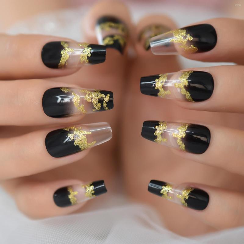 False Nails Gold Glitter Press On Black And Clear Fake Noble Medium Length Stick Coffin Ballet For Women, L5676
False Nails Gold Glitter Press On Black And Clear Fake Noble Medium Length Stick Coffin Ballet For Women, L5676