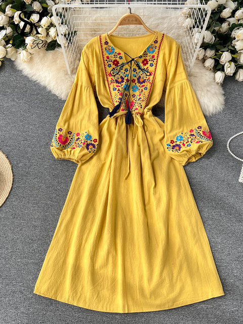 Casual Dresses SINGREINY Embroidary Elegant Women Summer Dress Y2K V Neck Lantern Sleeves Slim Adjustable Waist Ladies A Line Long Dresses 230316