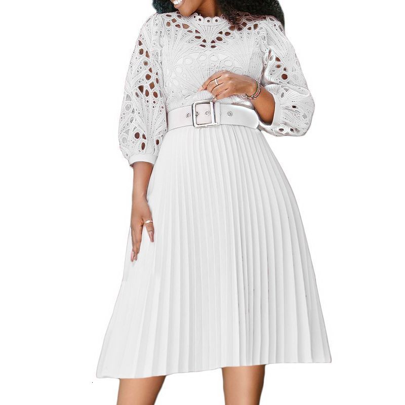 Casual Dresses Plus Size Elegant Lace Cutout Midi Dress Sexy Ruched Waistband A-line Evening Dresses Casual Vestidos Mujer Primavera Verano 230316