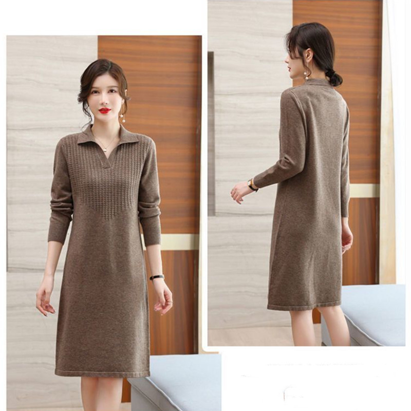 Casual Dresses Oversize Women Knitting Sweater Dress For Spring Autumn Casual Turn Collar Pullover Solid Patchwork Slim Female Dresses 230316