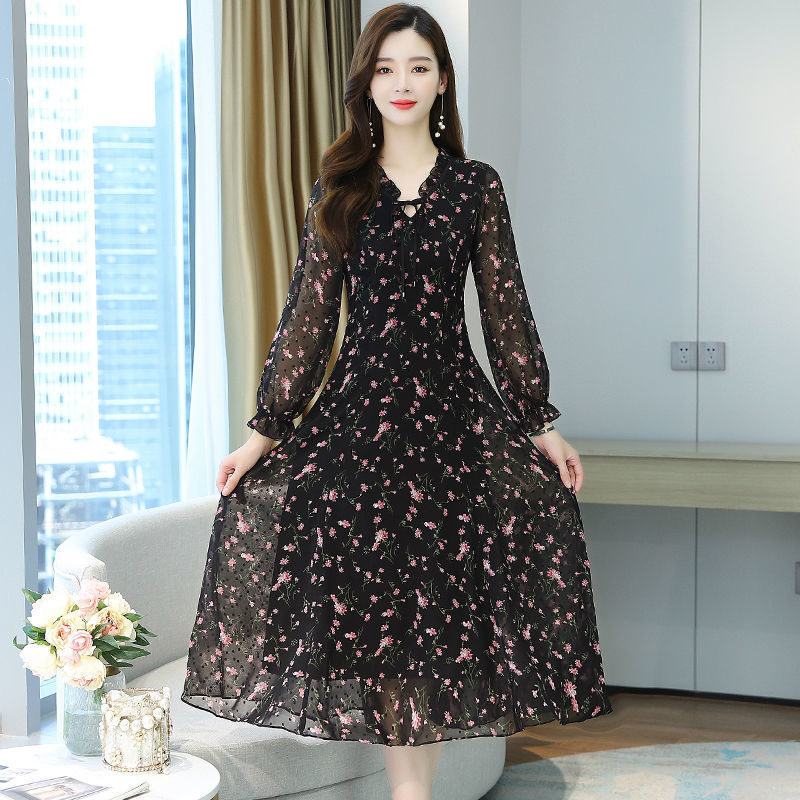 Casual Dresses Woman Dress Summer Autumn Long Sleeve Small Floral Chiffon Dress Vestido De Mujer 230316
