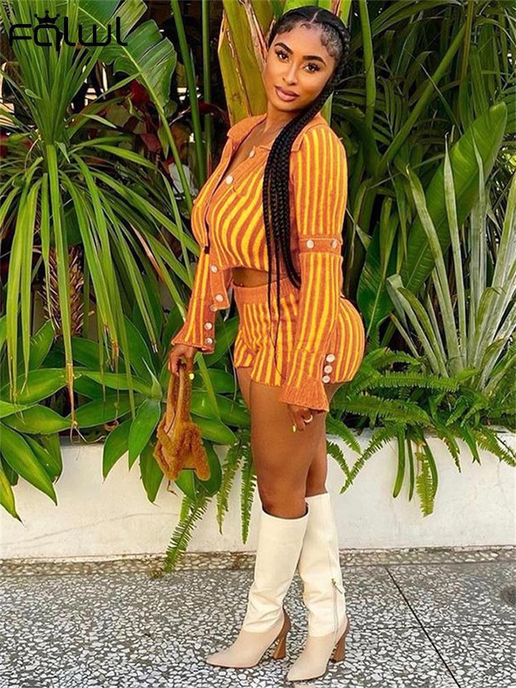 Women's Two Piece Pants FQLWL knit Casual Matching Set Womens Shorts Sets Two 2 Piece Sets Sweatsuits For Womens Long Sleeve Buttons Crop Top Out