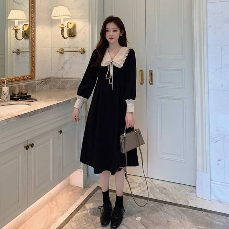Casual Dresses Black Sailor Collar Button Lace Stitching Casual Dress Women Shirt Long Sleeve Midi Dress Ladies High Waist Slim Elegant Dress 230316