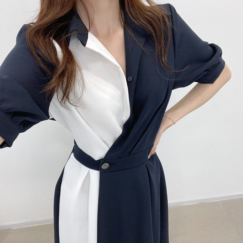 Casual Dresses Short Puff Sleeve Dress Women Patchwork Fashion Turn Down Collar Simple Korean Style Mid-calf Tunic Female All Match Ins 230316
