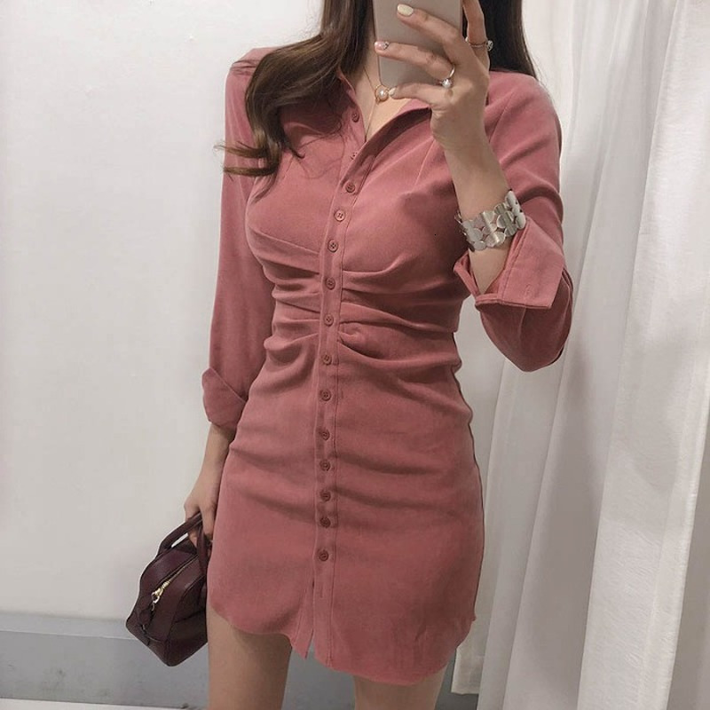 Casual Dresses Slim OL Retro All-match Temperament Pink Lapel Single Breasted Wrap Hip Dress Mini Slim High Waist Solid Vestido Mujer Shirts 230316