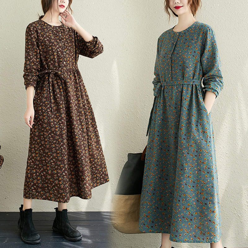 Casual Dresses Autumn Winter Women Dress Vintage Floral Long Sleeve O-neck Casual Loose Office Ladies Fashion Dresses Robe For Woman 230316