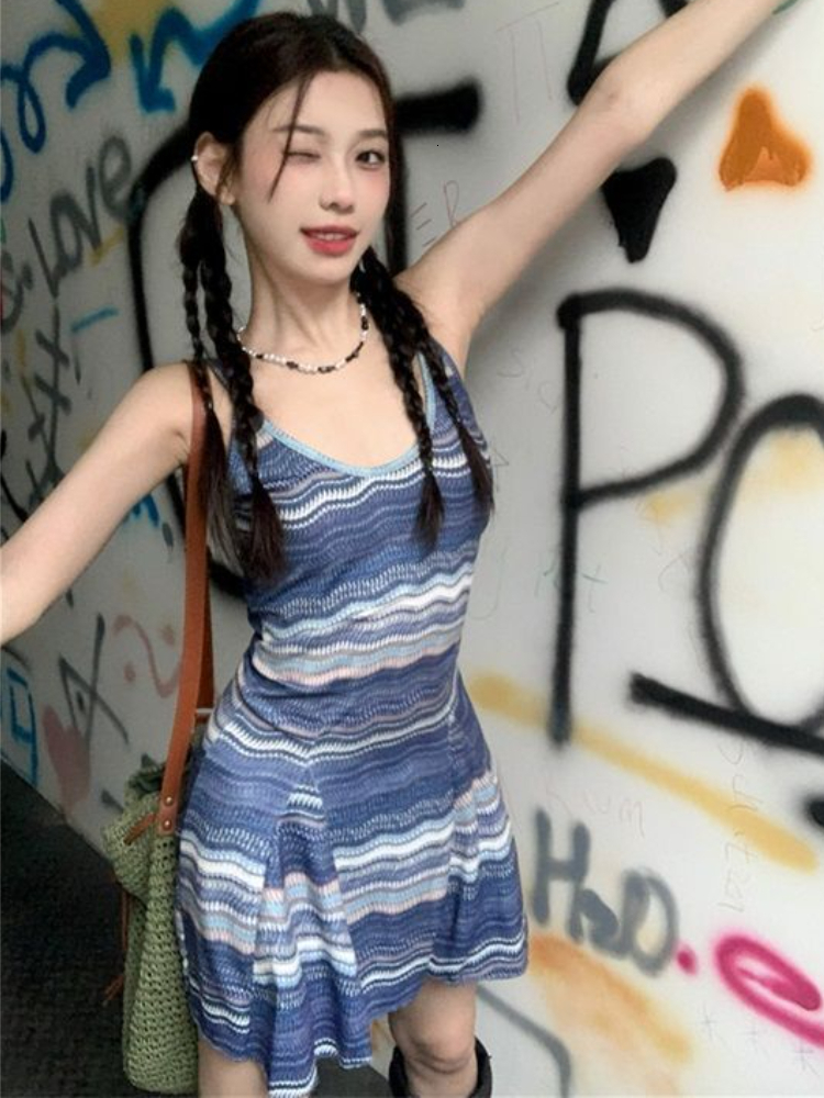 Casual Dresses Vintage Striped Dresses Women Summer Y2k Chic Mini Casual sweet Girls Punk Kpop Streetwear Spaghetti Strap Vestido Sexy Mujer 230316