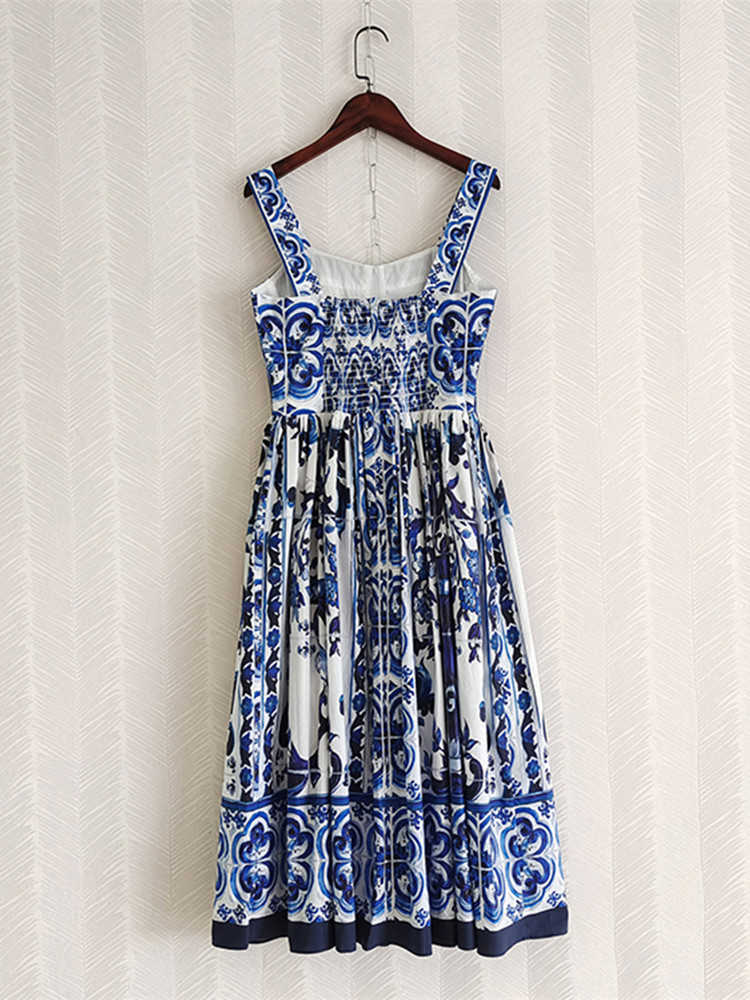Casual Dresses Summer Hoiday Blue And White Porcelain Flower Printing Cotton Dress Women Spaghetti Strap Zipper Elastic Backless Midi Vestidos W0315