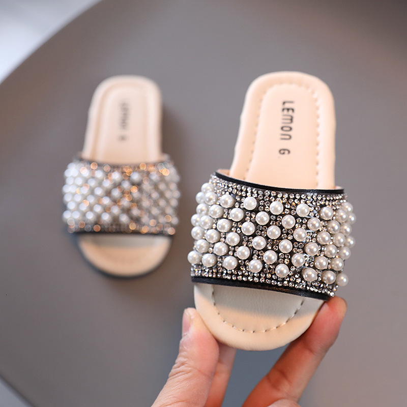 Slipper Girls Summer Slippers Slides for Outdoor Swimming Indoor Bath House Casual Beach Shoes Pearls Beading for Toddlers Kids Children 230316