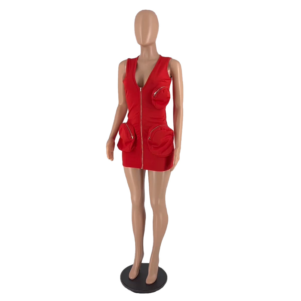 2024 Designer Summer Dresses Women Sleeveless Mini Dress Ladies Sexy V Neck Zipper Casual Sports Dress with Pockets Casual Holidays Wear Wholesale Clo
