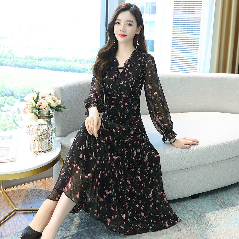 Casual Dresses Woman Dress Summer Autumn Long Sleeve Small Floral Chiffon Dress Vestido De Mujer 230316