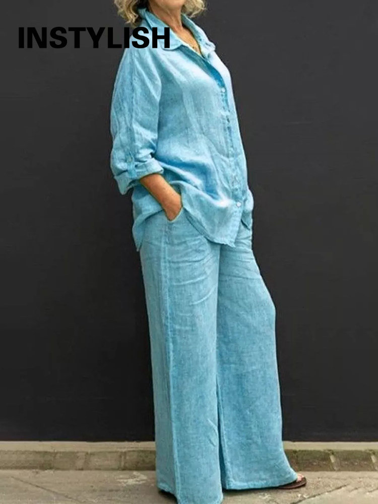 Women's Two Piece Pant Autumn Linen Lapel Shirt Pieces Set Vintage Solid Long Sleeve Button Blouse and Loose Straight Pants Casual Suits 230314