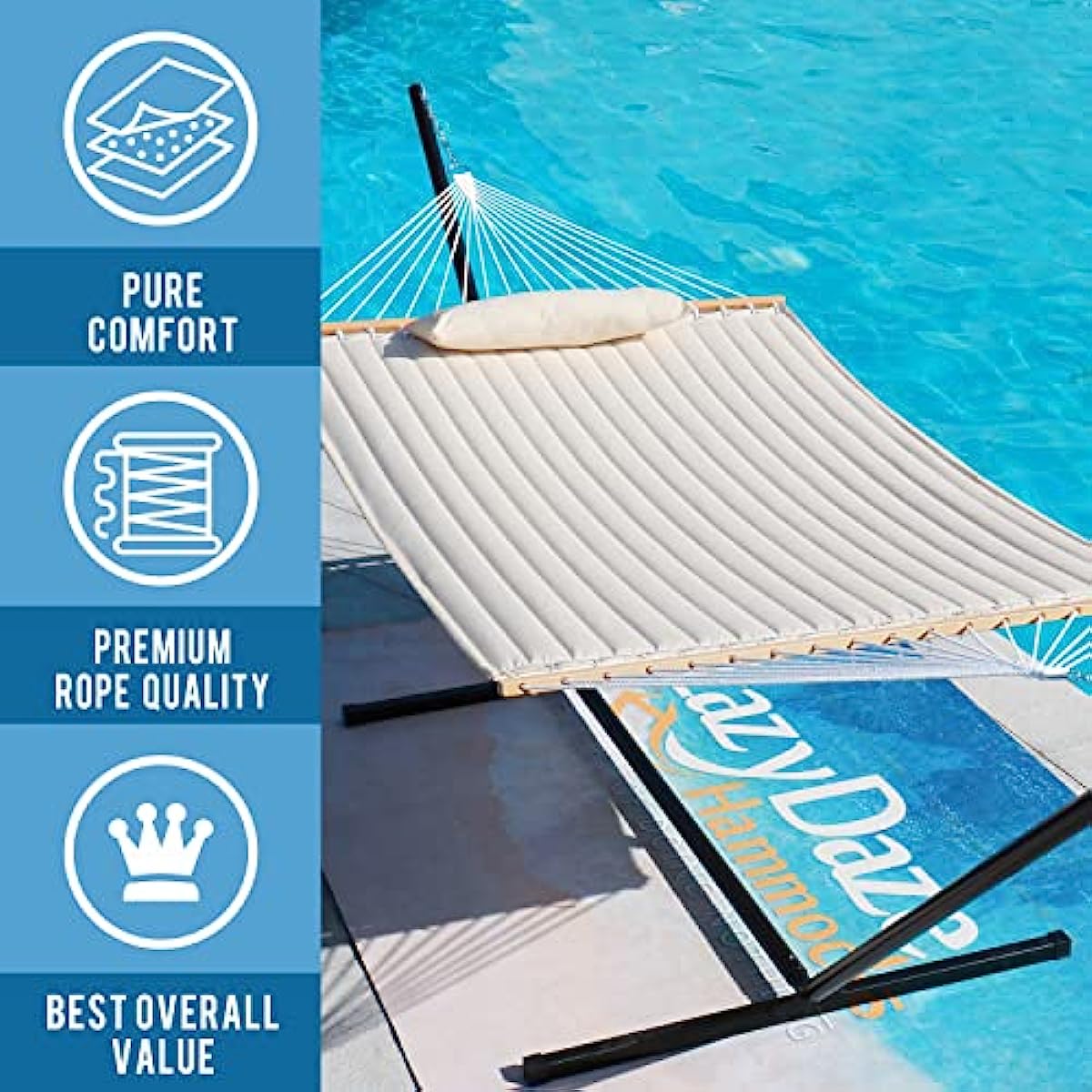 Double Quilted Fabric Hammock with Spreader Bars and Detachable Pillow 2 Person Hammock for Outdoor Patio Backyard Poolside 450 LBS Weight Capacity fo