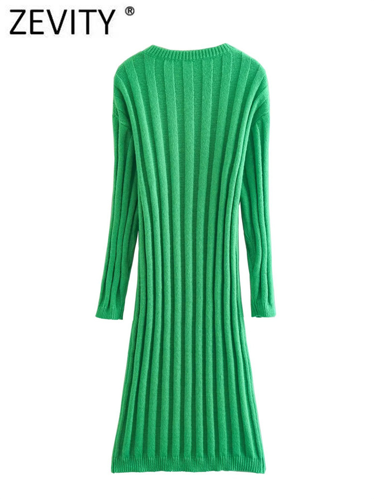 Casual Dresses Zevity Women Fashion Green Color Rib Knitting Dress Female Basic O Neck Long Sleeve Casual Slim Vestidos DS2656 230316