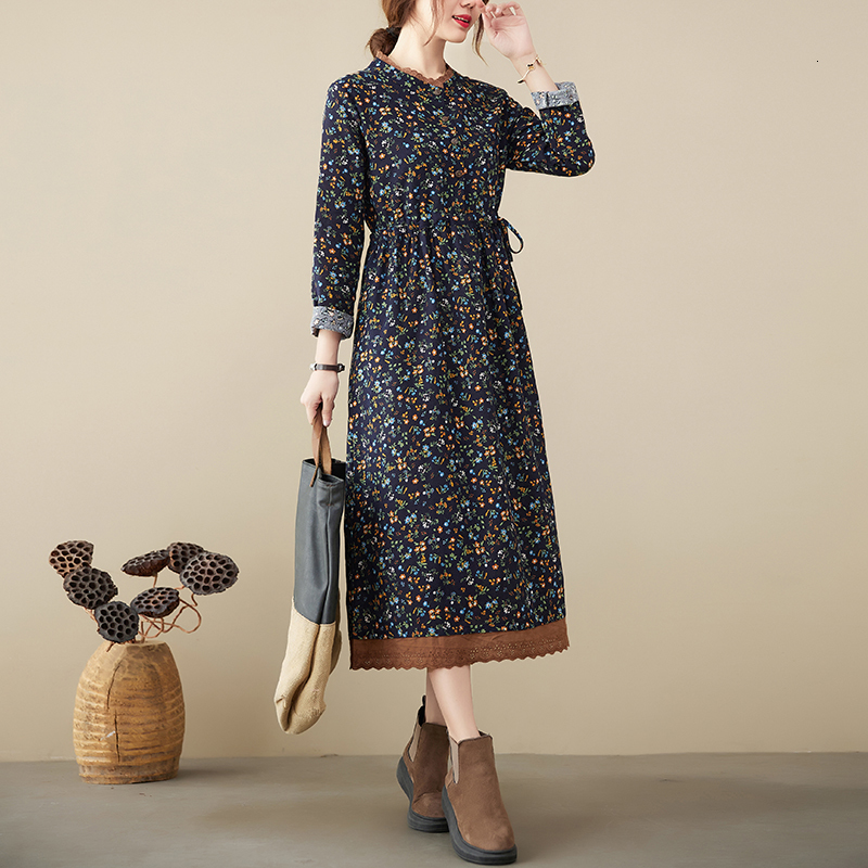 Casual Dresses Cotton Linen Vintage Floral Print Dresses For Women Spring Autumn Long Sleeve Fashion Dress Elegant Vestidos Robe Femme 230316