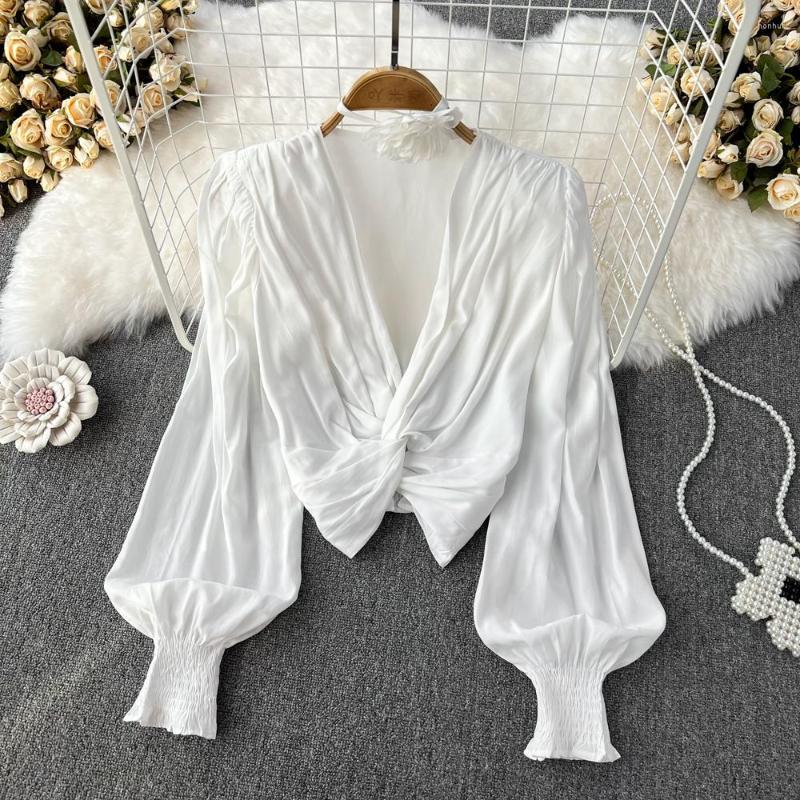 Women's Blouses French Chic Halter Lace-up Flower Blouse Woman Cross V Neck Puff Long Sleeve High Waist Female Pleated Top Drop, Black
Women's Blouses French Chic Halter Lace-up Flower Blouse Woman Cross V Neck Puff Long Sleeve High Waist Female Pleated Top Drop, Black
