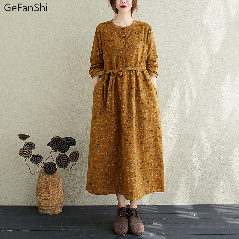 Casual Dresses Autumn Winter Women Dress Vintage Floral Long Sleeve O-neck Casual Loose Office Ladies Fashion Dresses Robe For Woman 230316