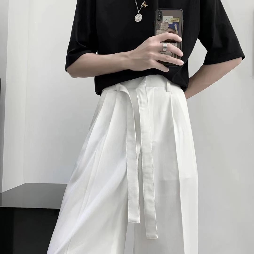 Men's Pants Harajuku Fashion Men's Pants Casual Wide leg Oversize Pants With Belt Korean Style Streetwear Trousers For Men Soild Color White