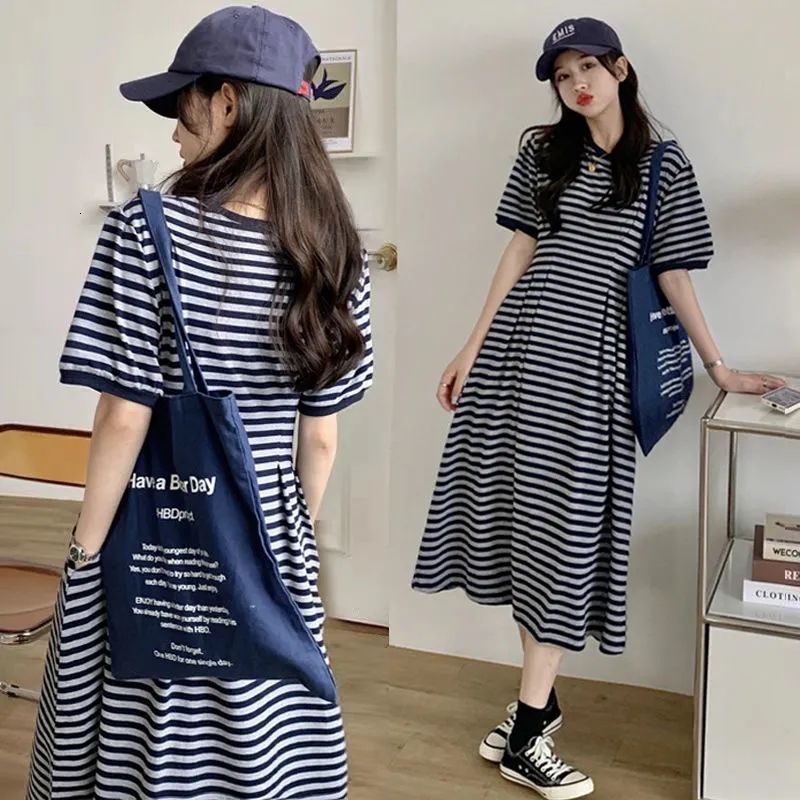 Casual Dresses Striped O-neck Dresses Empire Brocade Pullover Casual Women's Clothing Summer Trend All-match Comfortable Slim Fit 230316