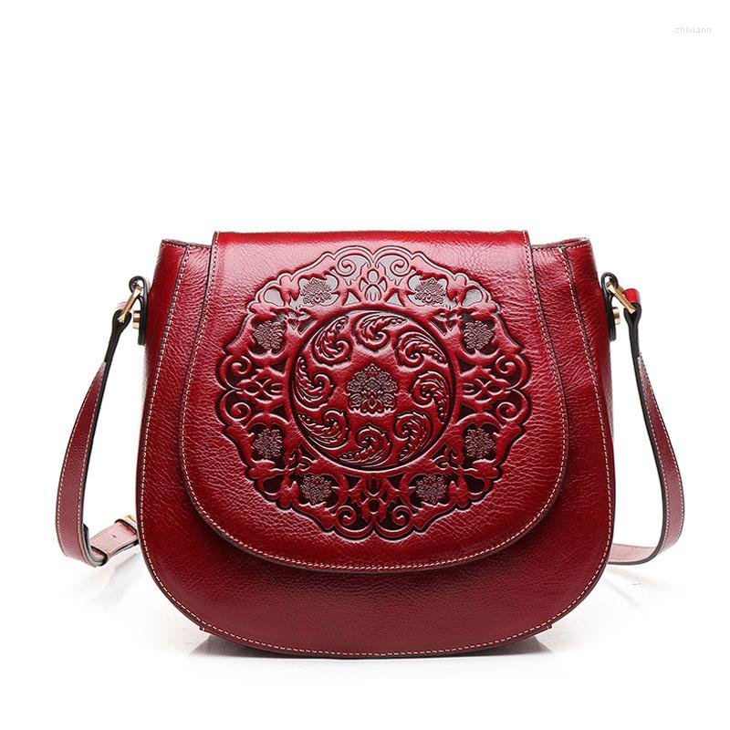 Free Shipping Evening Bags Chinese National Style Women Cowhide Leather Bag Female Crossbody Retro Emed Saddle Shoulder Designer Bag Luxury Bag Tote B