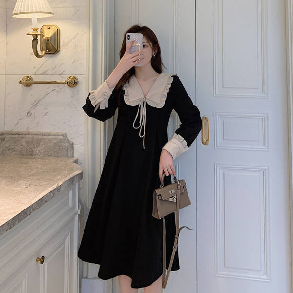 Casual Dresses Black Sailor Collar Button Lace Stitching Casual Dress Women Shirt Long Sleeve Midi Dress Ladies High Waist Slim Elegant Dress 230316