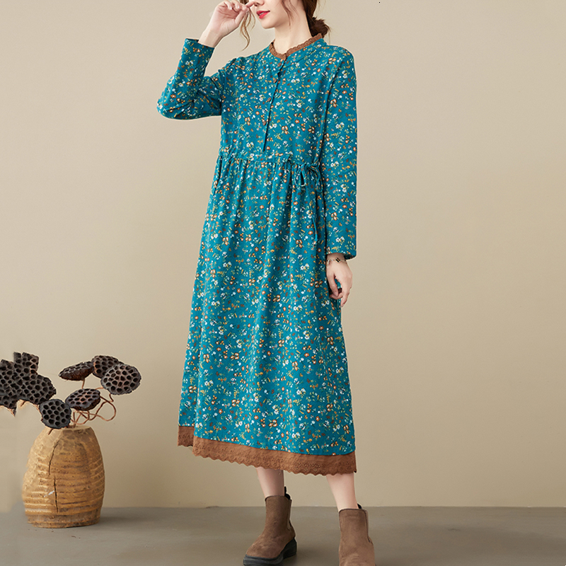 Casual Dresses Cotton Linen Vintage Floral Print Dresses For Women Spring Autumn Long Sleeve Fashion Dress Elegant Vestidos Robe Femme 230316