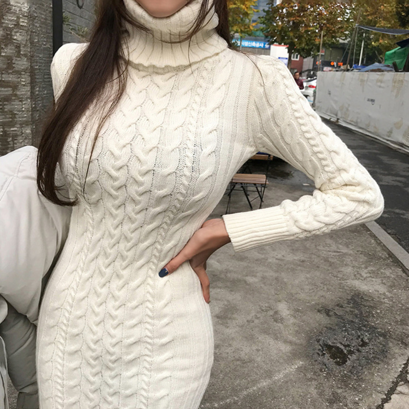 Casual Dresses Winter Knitted Dress Women Turtleneck Warm Criss Cross Street Pencil Dress Autumn Casual All Match Female Dresses 230316