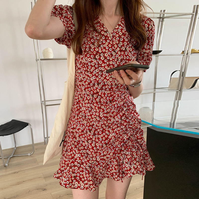 Casual Dresses Short Sleeve Dress Women Sweet Vintage Casual Elegant Ins Shirring Printed Floral Puff Sleeves Drawstring V-neck Vestido College 230316