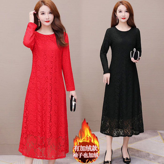 Casual Dresses Spring and Autumn Long-Sleeved Lace Dress Large Size Dress Midi A- Line Dress Woman Dress Vestido De Mujer Femme Robe 230316