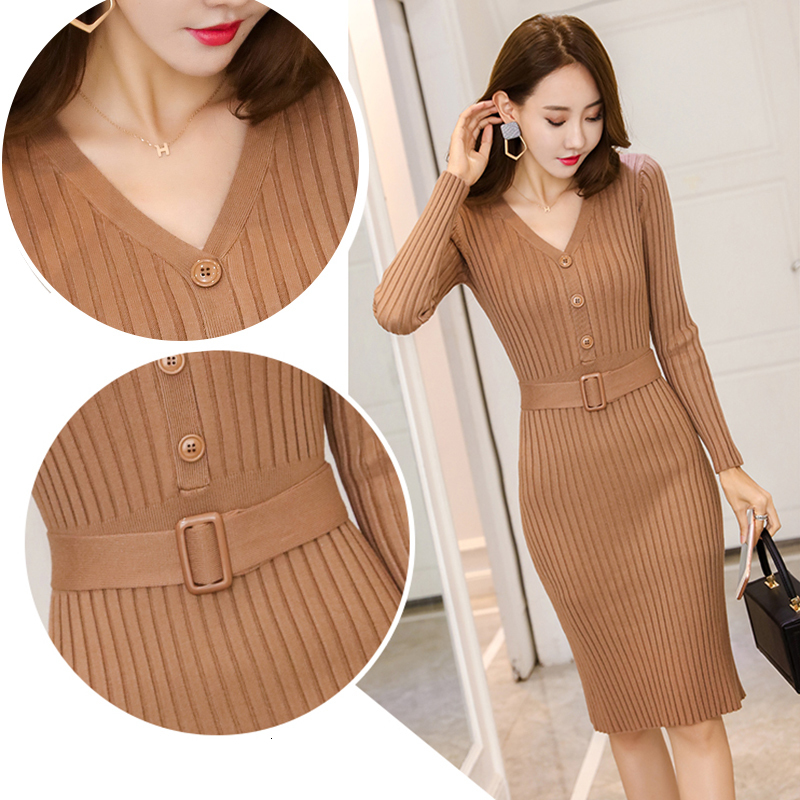Casual Dresses Knitted Belt Long Sleeve Dress Women Slim Bodycon Autumn Korean Elegant Fall Winter Button V Neck Sweater Midi Ribbed Dress 230316