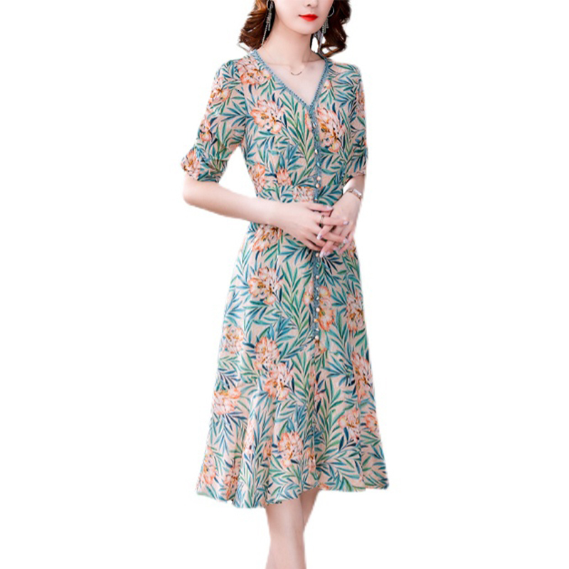 Casual Dresses Vintage Casual Print Chiffon Beach Dress Summer Red Floral Natural Silk Midi Dresses Women Elegant Bodycon Party Vestidos 230316