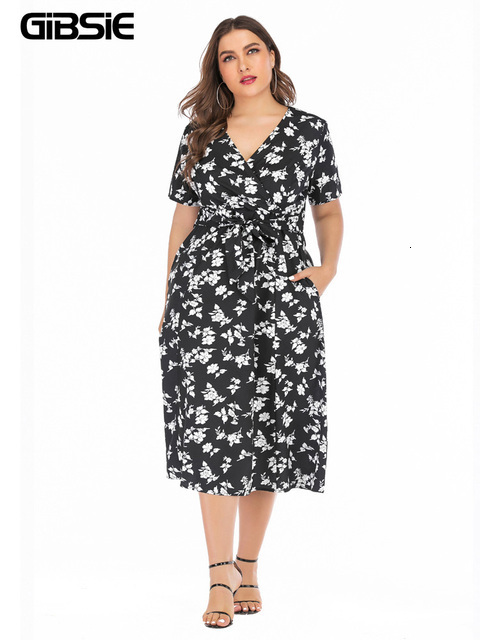 Casual Dresses GIBSIE Surplice Neck Casual Belted Dress Summer Holiday Boho Print Women Long Dresses 6xl 5xl Plus Size Pocket A-Line Dress 230316