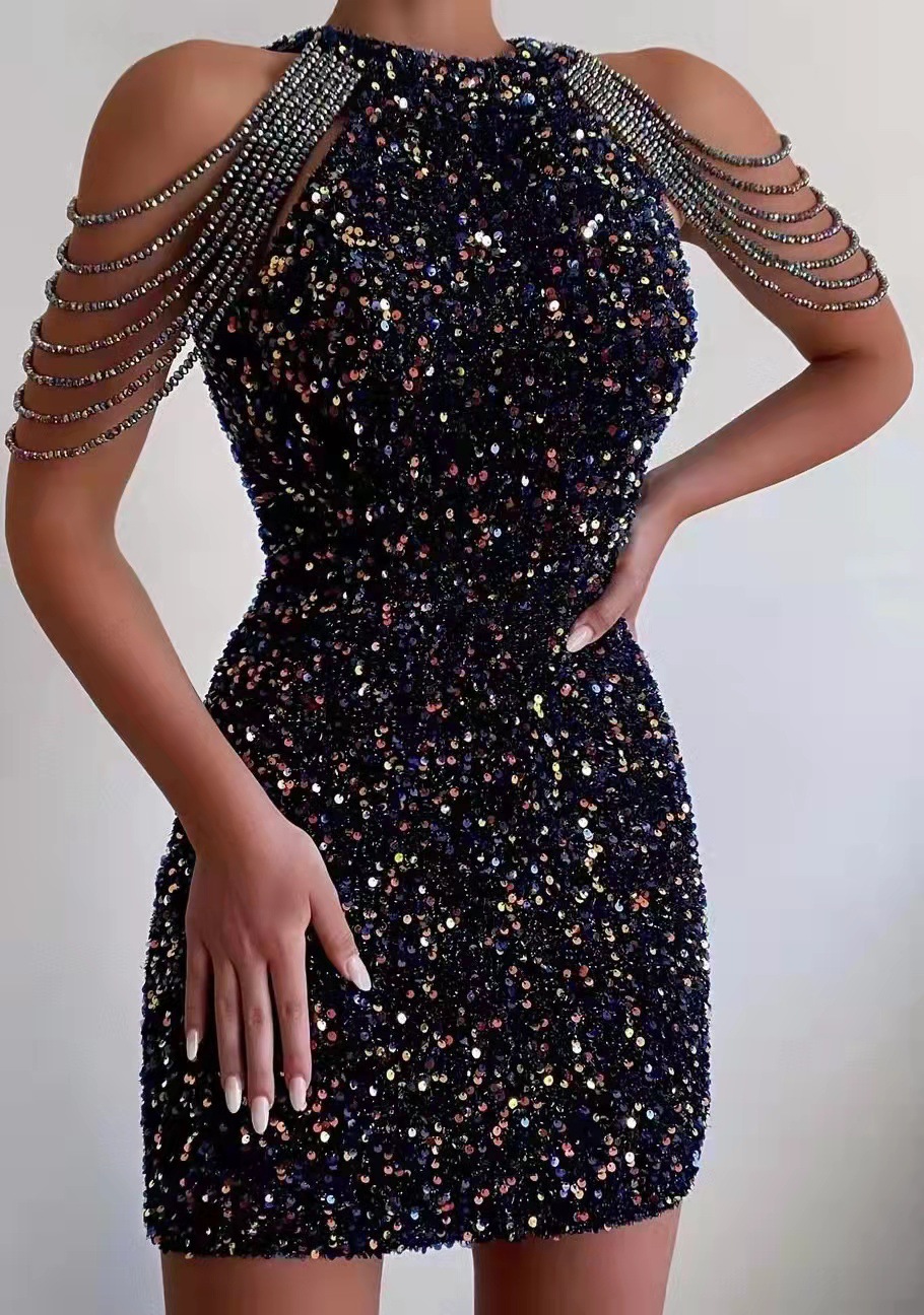 Sparkle Sequin Prom Dress Black Girls 2023 Beading Sleeve Short Party Night Evening Dresses Elegant Women Birthday Wear Speacial Occasion Cocktail Hom