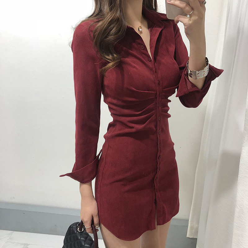 Casual Dresses Slim OL Retro All-match Temperament Pink Lapel Single Breasted Wrap Hip Dress Mini Slim High Waist Solid Vestido Mujer Shirts 230316